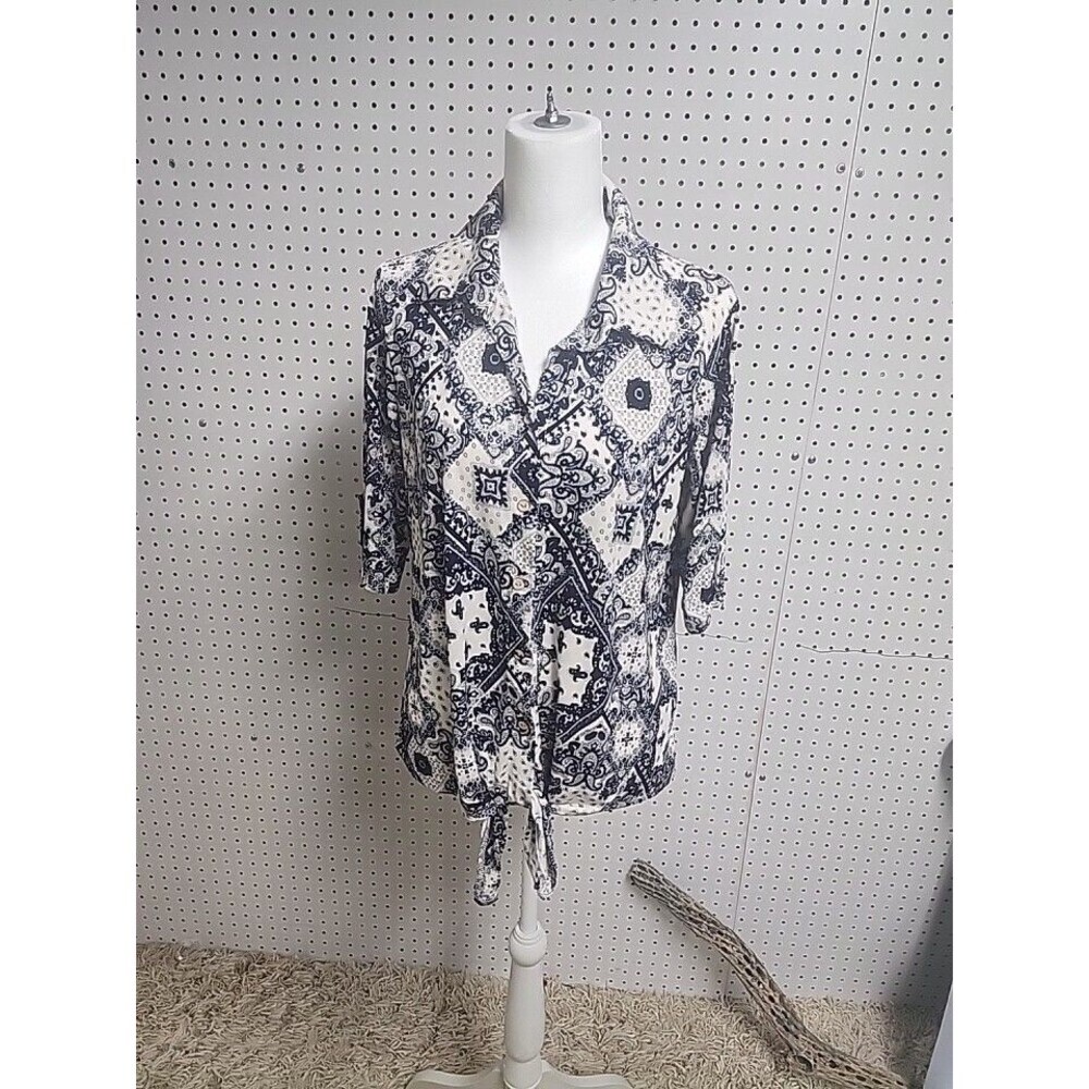 Naif Vintage Floral Button Front Blouse Navy Blue Cream Womens SZ M